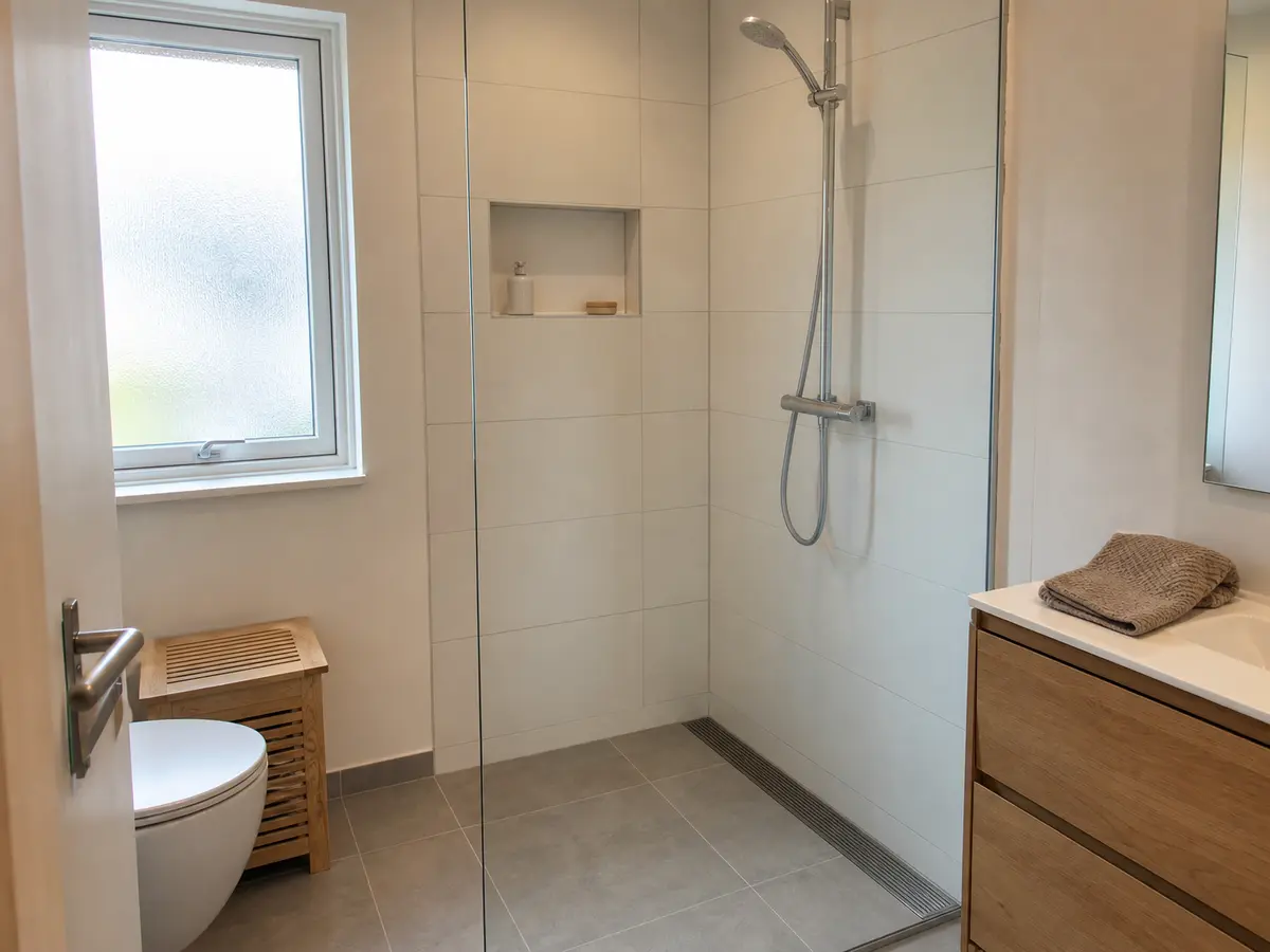 Renoveret badeværelse med fliser på gulv og vægge